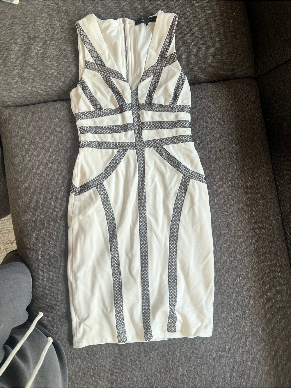 BCBGMaxAzria White Strapless Sheath Dress with Gray Trim
